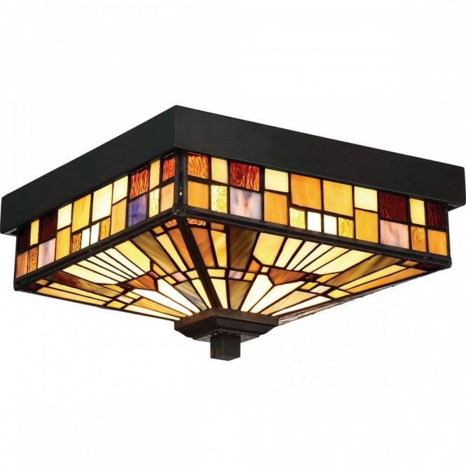 INGLENOOK Exterior or Porch Flush Ceiling Fitting, Tiffany Glass in Valiant Bronze