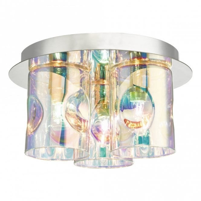INTER 3 Light Iridescent Glass Flush Ceiling Light in Polished Chrome