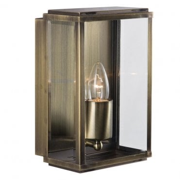 IP44 Antique Brass Box Exterior or Bathroom Wall Light Clear Bevelled Edge Glazed Panels