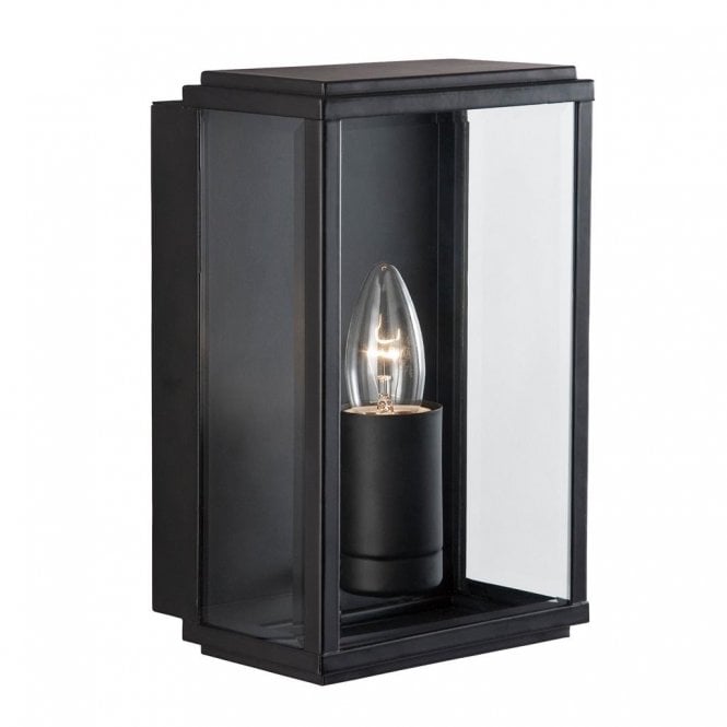 IP44 Black Box Exterior or Bathroom Wall Light Clear Bevelled Edge Glazed Panels