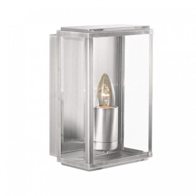 IP44 Satin Silver Box Exterior or Bathroom Wall Light Clear Bevelled Edge Glazed Panels