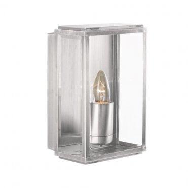 IP44 Satin Silver Box Exterior or Bathroom Wall Light Clear Bevelled Edge Glazed Panels