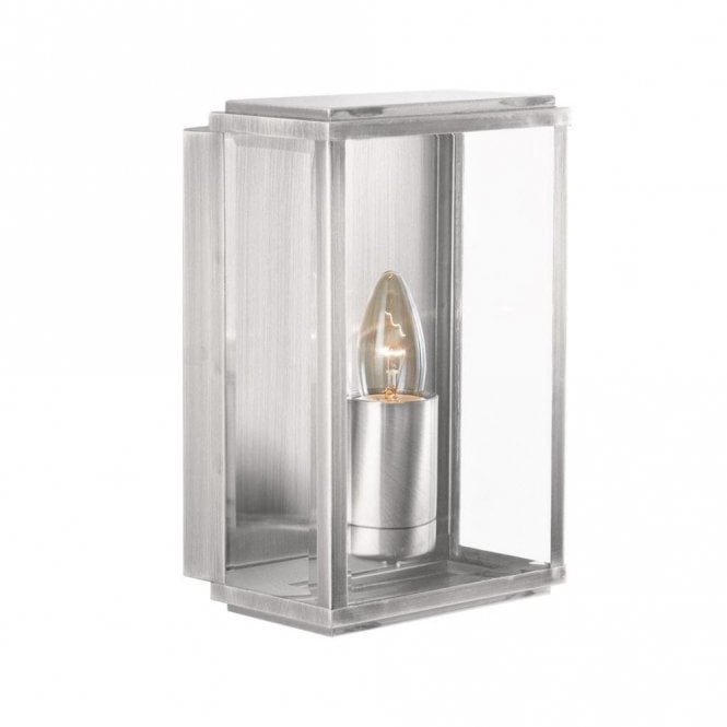 IP44 Satin Silver Box Exterior or Bathroom Wall Light Clear Bevelled Edge Glazed Panels