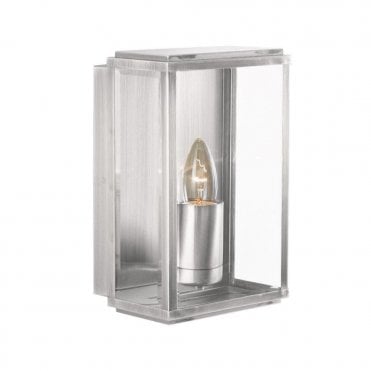 IP44 Satin Silver Box Exterior or Bathroom Wall Light Clear Bevelled Edge Glazed Panels