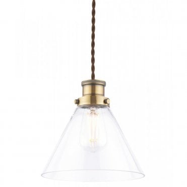 easy fit ceiling pendant in antique brass with glass shade