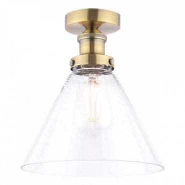antique brass semi-flush ceiling light with fanned glass shade