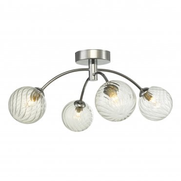 chrome 4 light semi-flush ceiling light with twisted glass globe shades
