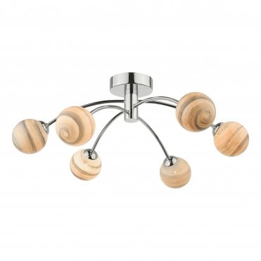 chrome 6 light semi-flush ceiling light with coloured swirl glass globe shades