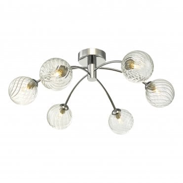 chrome 6 light semi flush ceiling light with twisted glass globe shades
