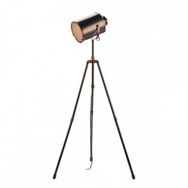 industrial tripod floor lamp in antique silver and copper