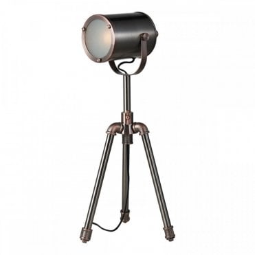 industrial tripod table lamp in antique silver and copper