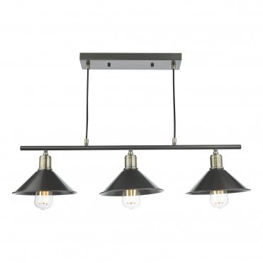 3 light bar ceiling pendant in graphite with antique brass details and graphite shades