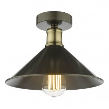 flush ceiling light with metal shade in graphite and antique brass details