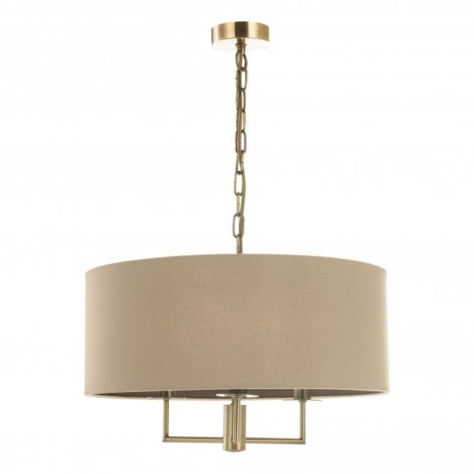 JAMELIA 3 Light Ceiling Pendant in Antique Brass Taupe Shade