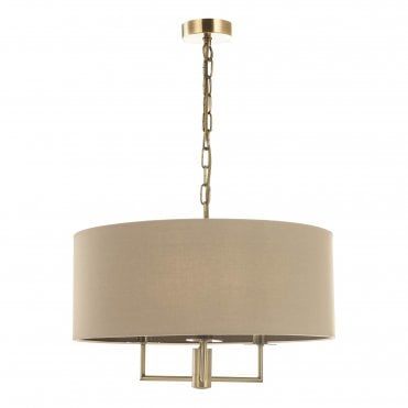 antique brass ceiling pendant with taupe drum shade