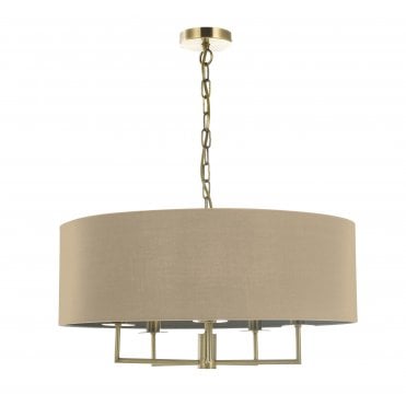 antique brass 5 light ceiling pendant with taupe drum shade