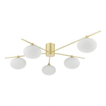 5 light semi flush ceiling light in satin gold with opal glass shades