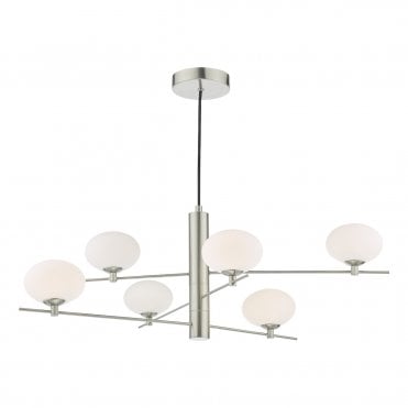 6 light ceiling pendant in satin nickel with opal glass shades