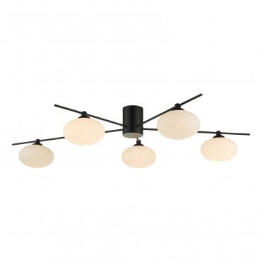 Five Light Ceiling Pendant Matt Black Opal Glass 