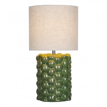 green reactive glaze ceramic table lamp with bobble texture and linen drum shade