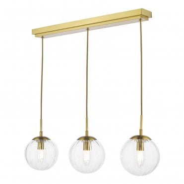 3 light pendant bar light in natural brass with segmented glass globe shades
