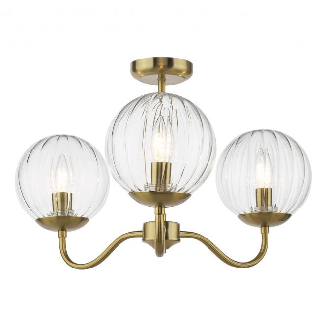 Jocelyn 3 Light Semi-Flush in Natural Brass with Segmented Glass Shades