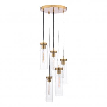 Bronze 5 light cluster pendant with glass tube shades