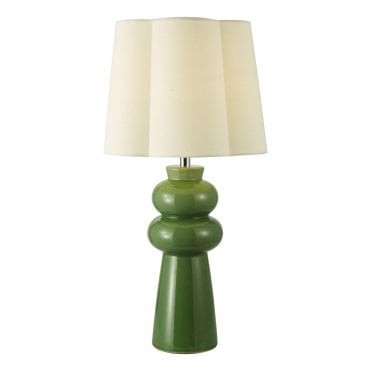 a modern green ceramic table lam with cream scalloped lamp shade
