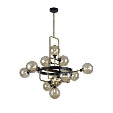 JUXTA 12 Light Ceiling Pendant Light Matt Black/Antique Brass/Cognac Glass