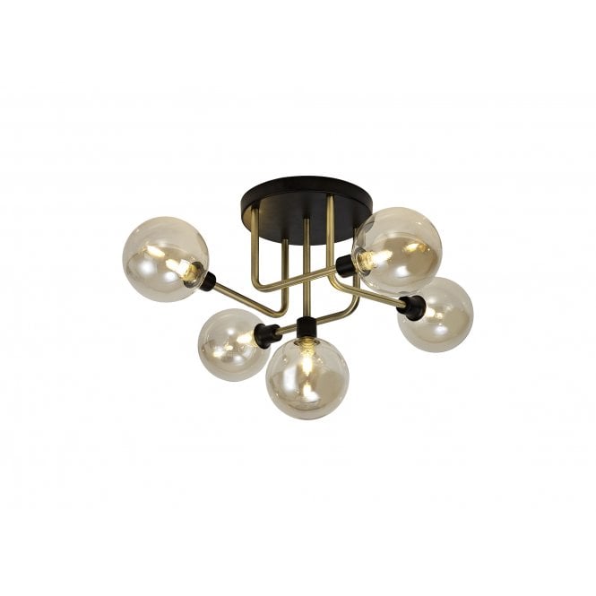 JUXTA 5 Light Flush Ceiling Light Fitting Matt Black/Antique Brass/Cognac Glass
