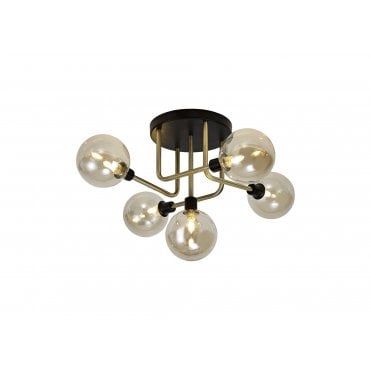 JUXTA 5 Light Flush Ceiling Light Fitting Matt Black/Antique Brass/Cognac Glass