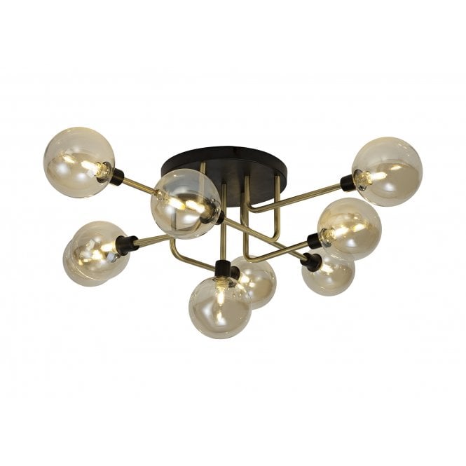 JUXTA 9 Light Flush Ceiling Light Fitting Matt Black/Antique Brass/Cognac Glass