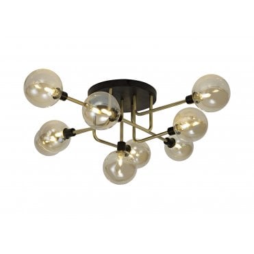 JUXTA 9 Light Flush Ceiling Light Fitting Matt Black/Antique Brass/Cognac Glass