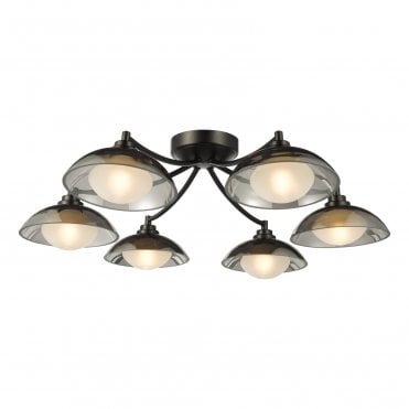 a modern black ceiling light with 6 arms and smoked glass shades