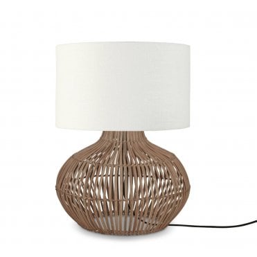 round rattan table lamp base with white linen drum shade