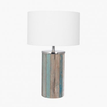 reclaimed wooden table lamp with white cotton shade