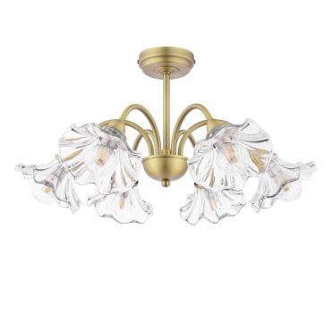 matt antique brass semi flush ceiling light with ornate glass shades