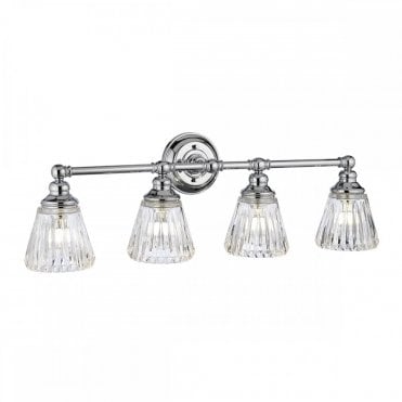 4 light bathroom wall light in chrome with ribbed glass shades