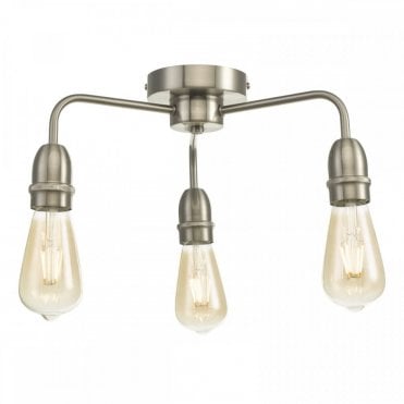 3 light exposed bulb flush fixture in satin chrome