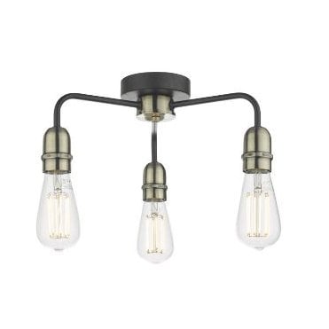 KIEFER 3lt Flush Ceiling Fitting Black & Antique Brass
