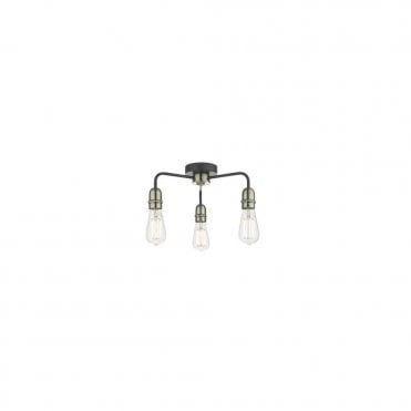 KIEFER 3lt Flush Ceiling Fitting Black & Antique Brass