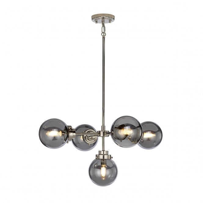 KULA 5 Light Pendant in Polished Nickel finish with Smoked Glass Shades