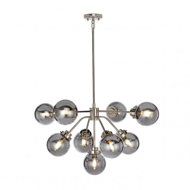 KULA 9 Light, Multi-arm Ceiling Pendant in Polished Nickel and smoked glass shades