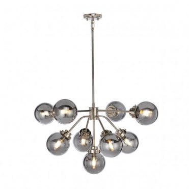 9 Light, Multi-arm Ceiling Pendant In Polished Nickel And Smoked Glass Shades