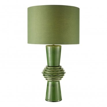Statement green retro inspired ceramic table lamp with green cotton drum shade
