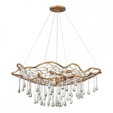 6 light chandelier in light gold with glass droplets