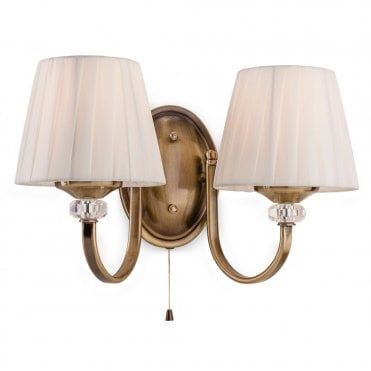 LANGHAM 2 Light Wall (Switched), Antique Brass with Pleated Cream Shades