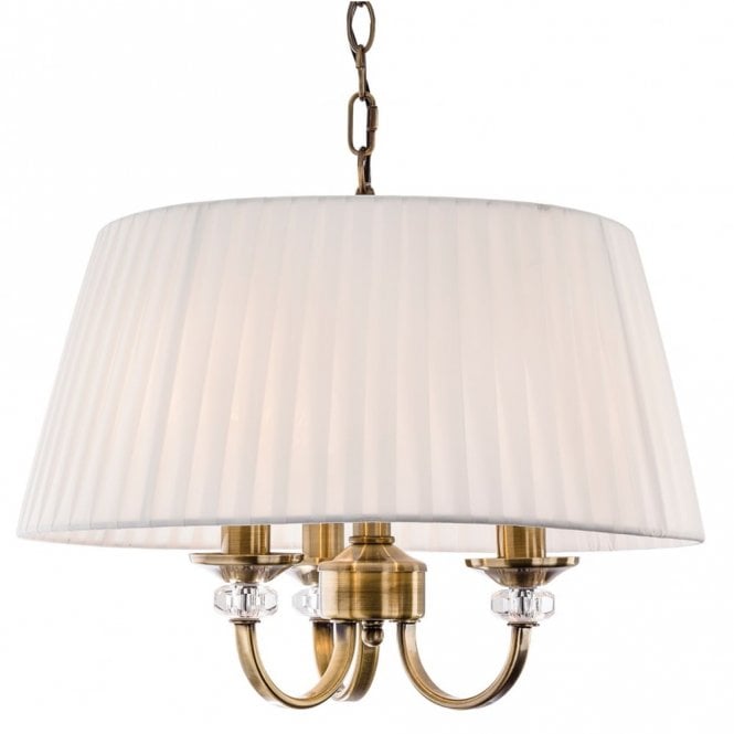 LANGHAM 3 Light Pendant, Antique Brass with Pleated Cream Shades