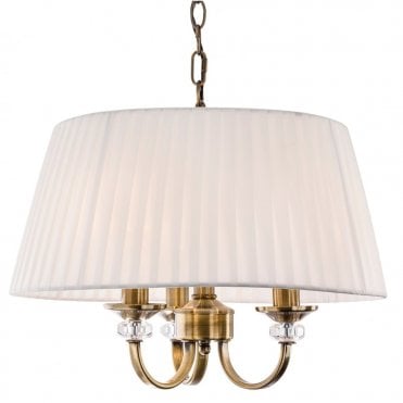 LANGHAM 3 Light Pendant, Antique Brass with Pleated Cream Shades