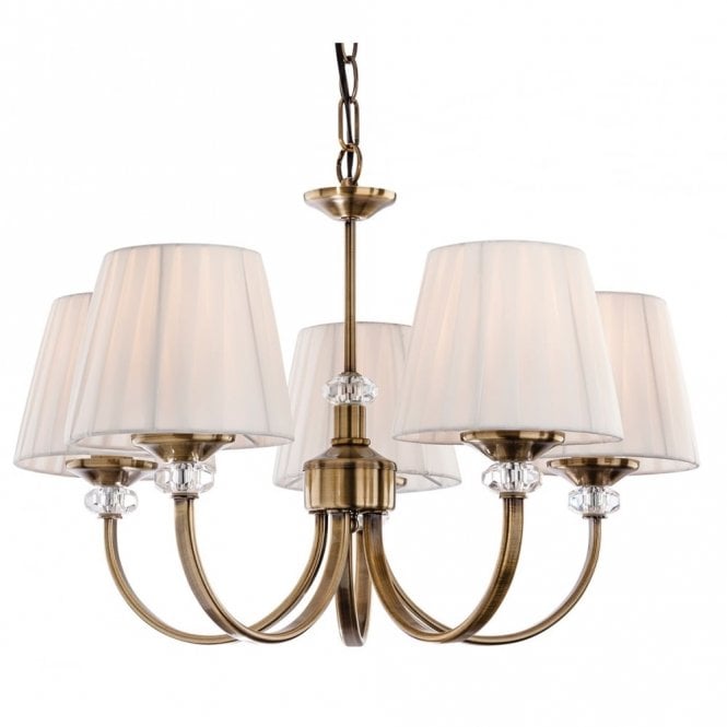 LANGHAM 5 Light Fitting, Antique Brass with Pleated Cream Shades